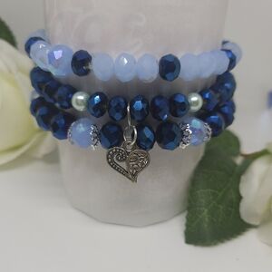 Blue and White Beaded Bracelet Set
